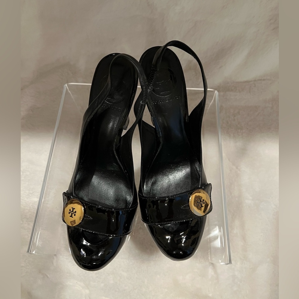 Tory Burch black patent and leather shoes with 4” heel